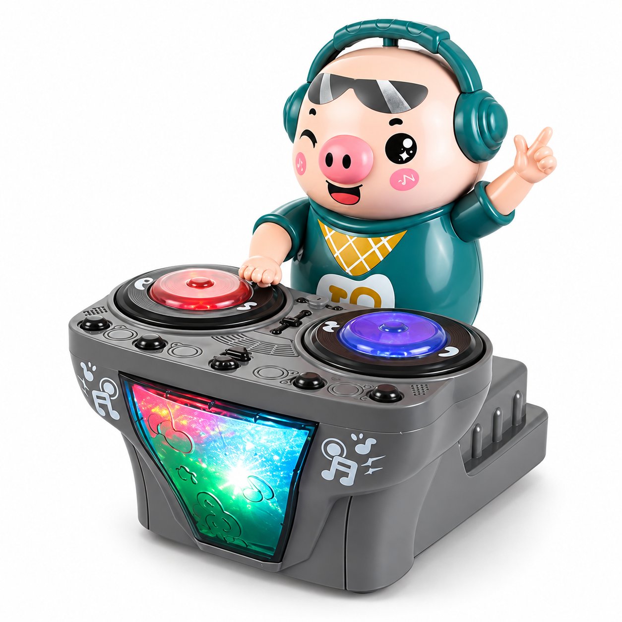 Musical DJ pig toy wearing teal headphones and a matching outfit behind a gray console with illuminated turntables