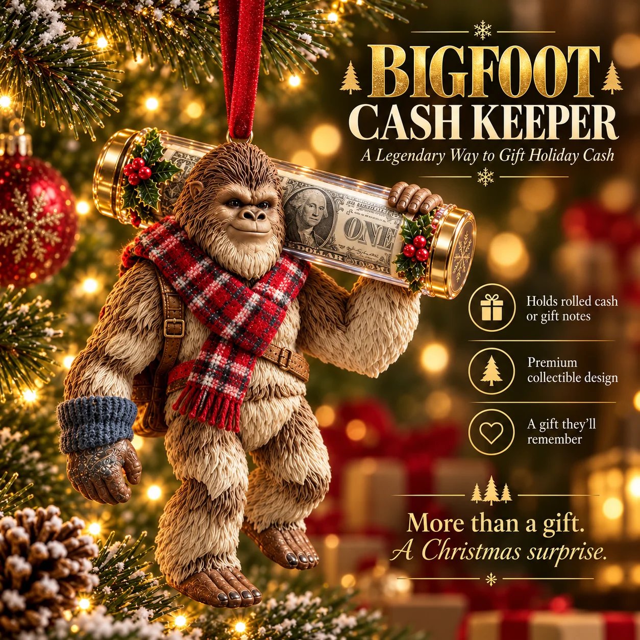 Bigfoot Cash Keeper holiday cash ornament