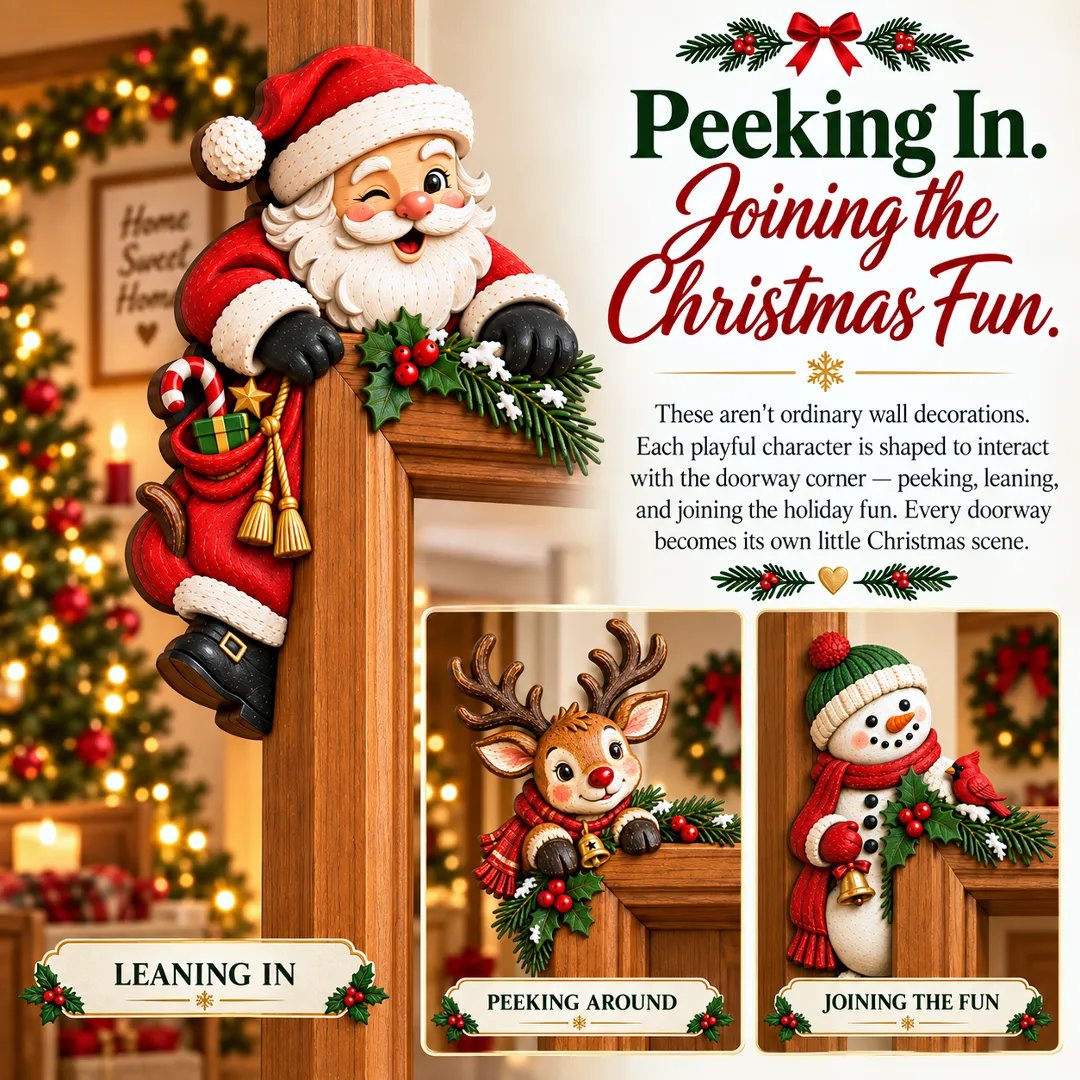 Christmas characters peeking around a doorway