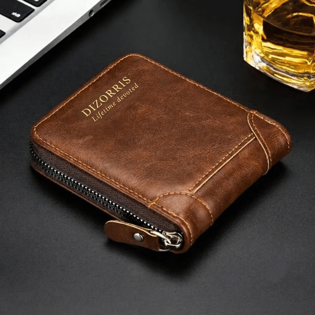 Angled profile view of the closed brown vintage leather wallet