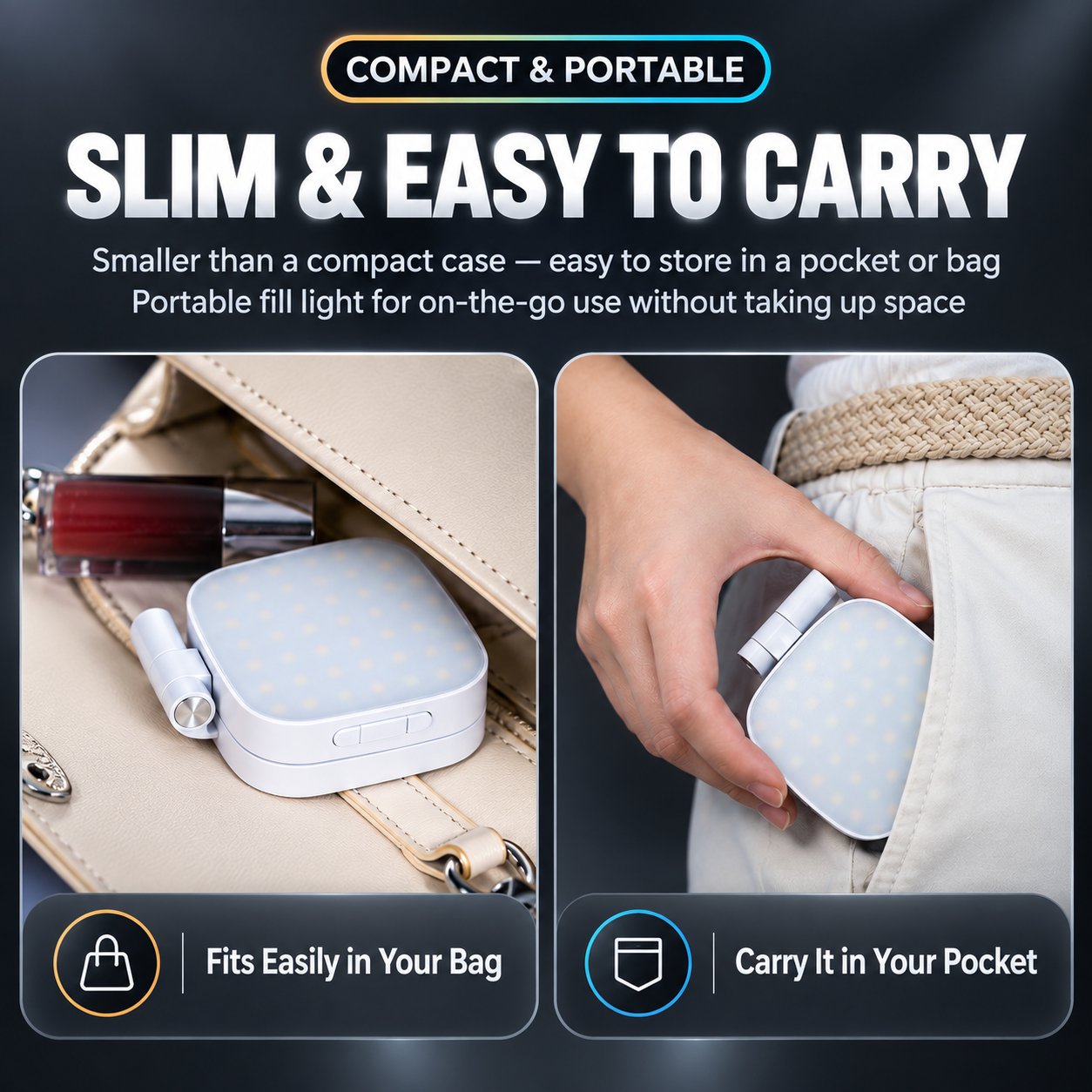 Compact black magnetic fill light and mirror shown with charging cable and metal ring