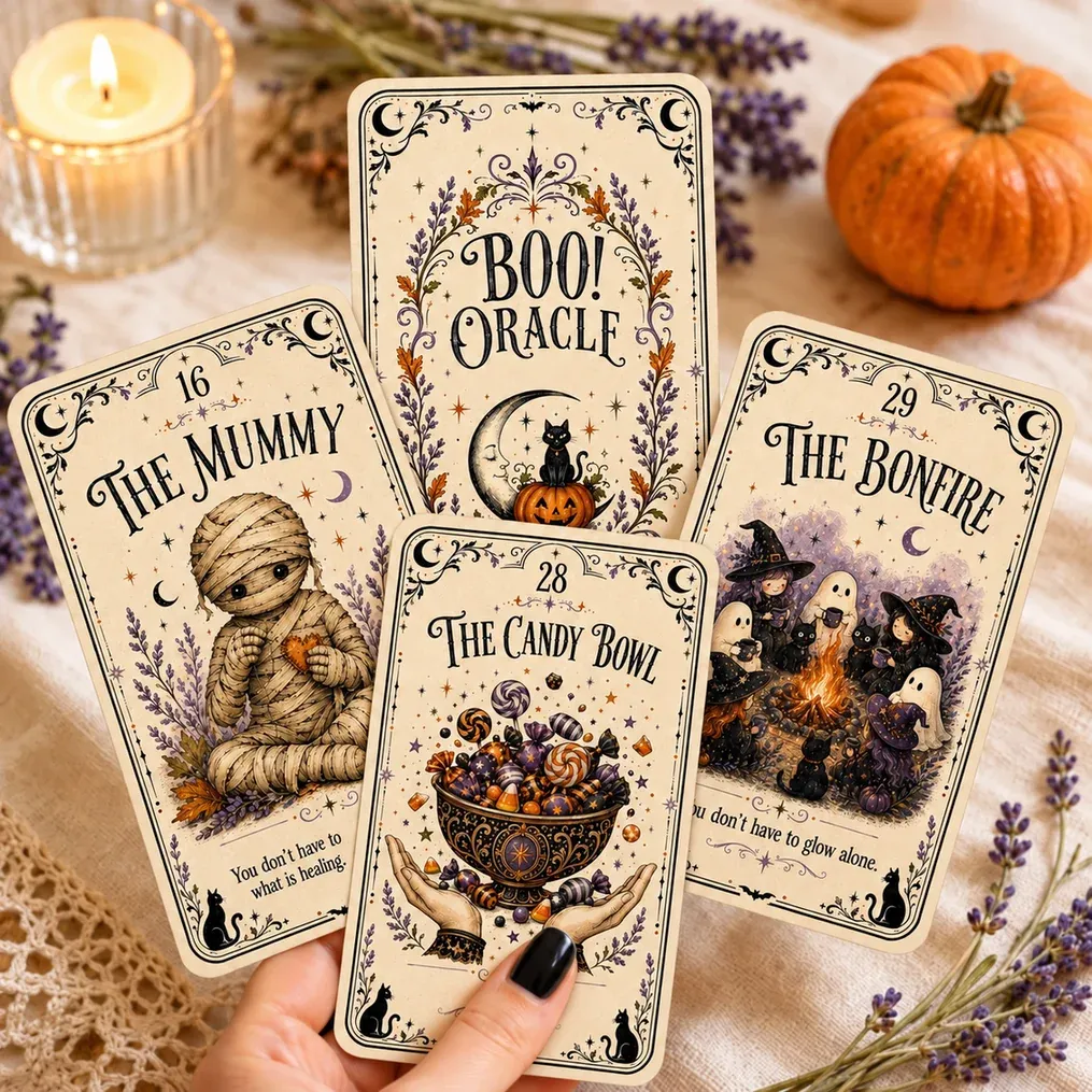 Playful Halloween oracle card illustration details