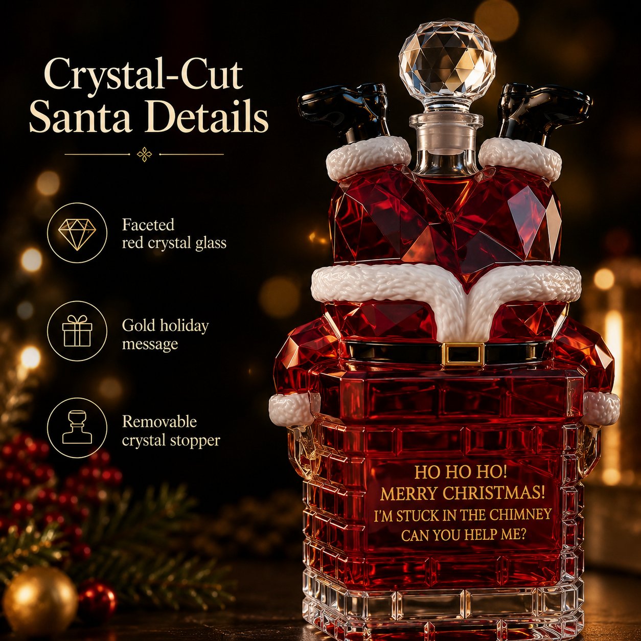 Close-up details of the red faceted Santa Christmas decanter