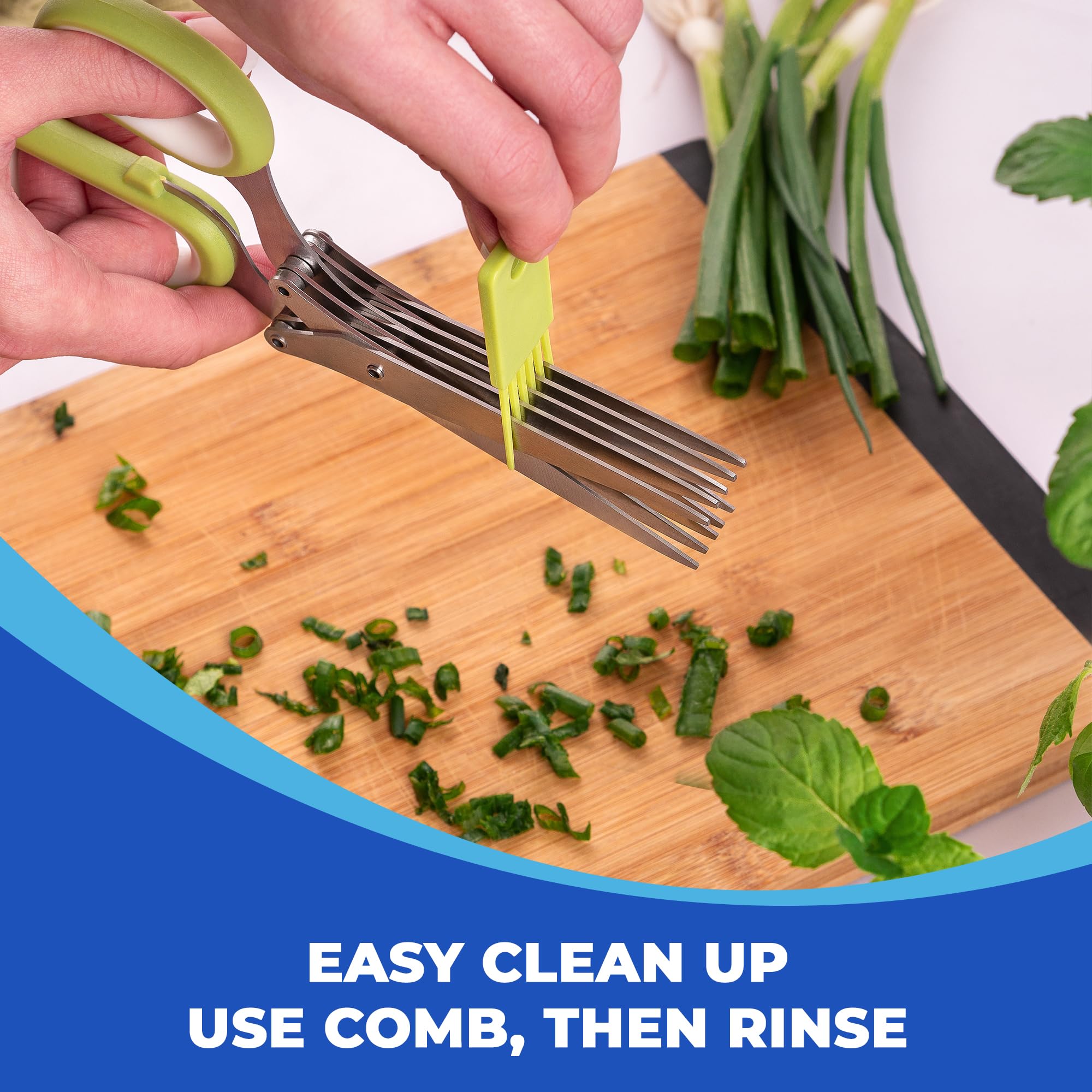 Cleaning comb sliding between five herb-scissor blades to remove chopped greens