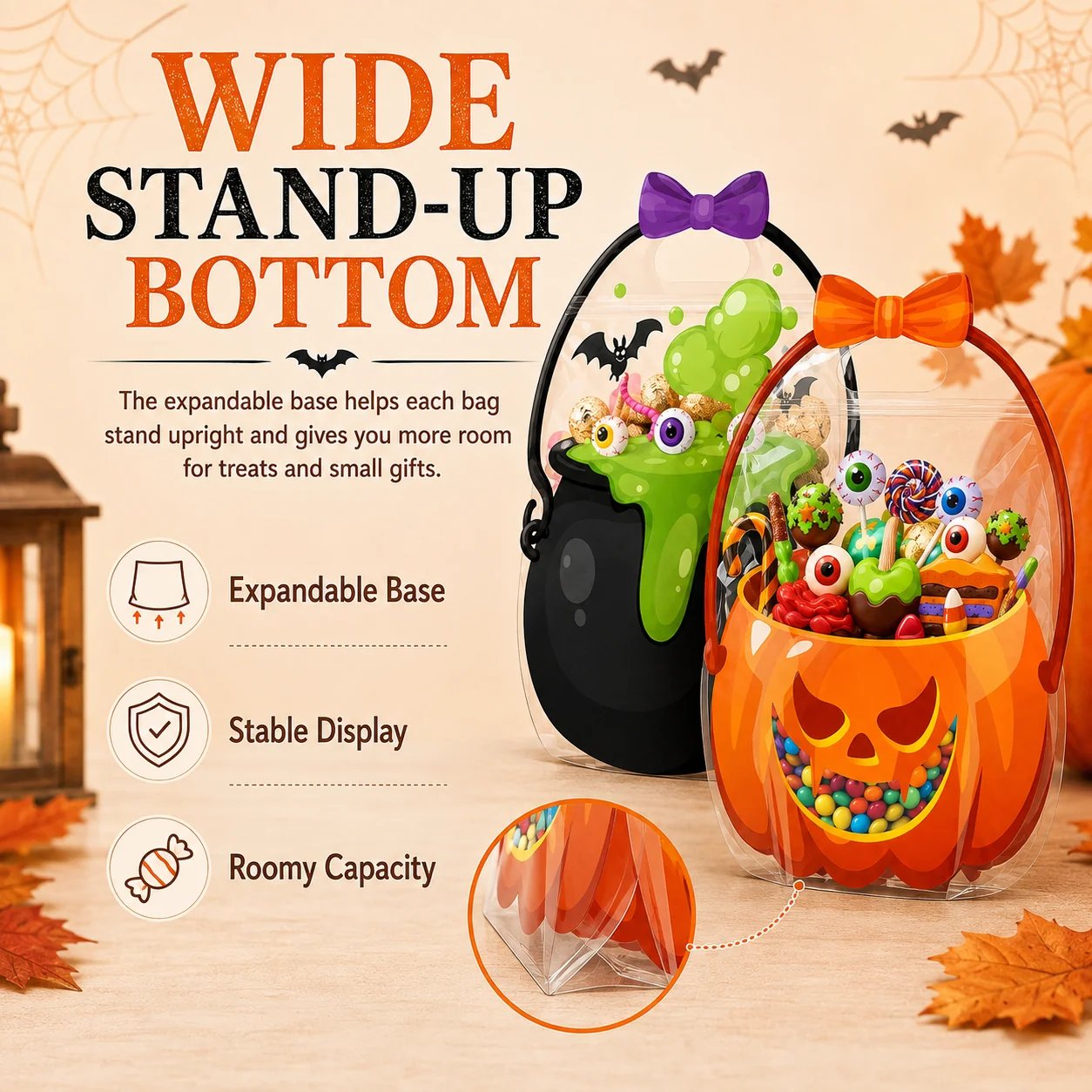 Expandable stand up Halloween treat bag bottom