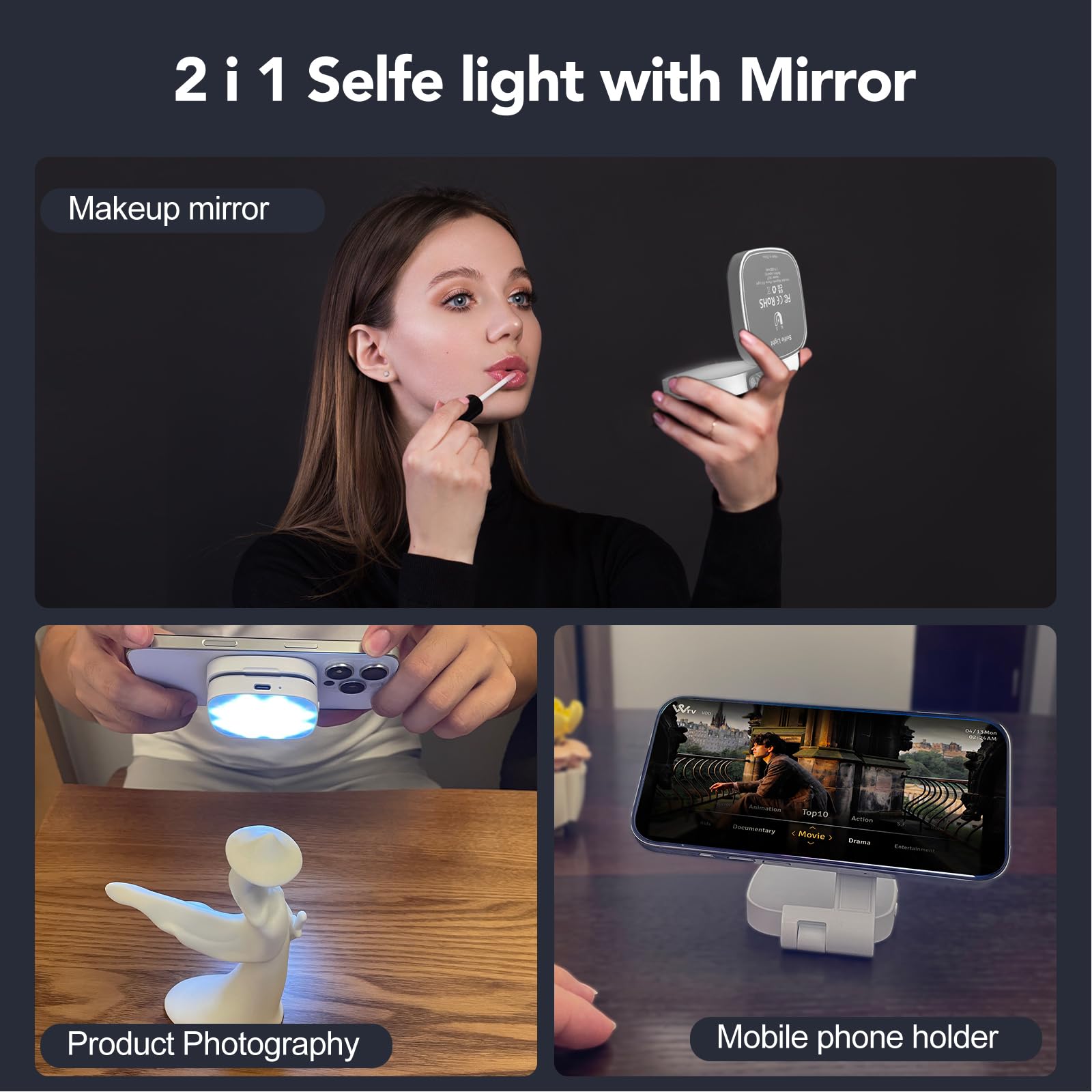Two-in-one mirror light used for makeup, product photography and as a phone holder
