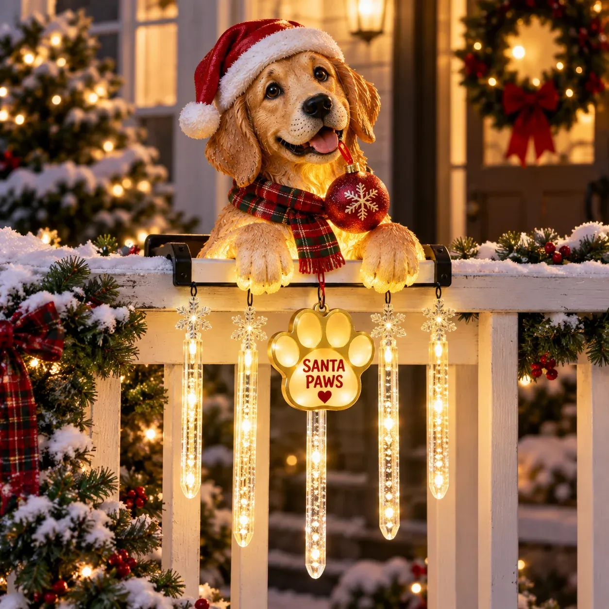 Santa Paws Christmas lighted dog railing decoration