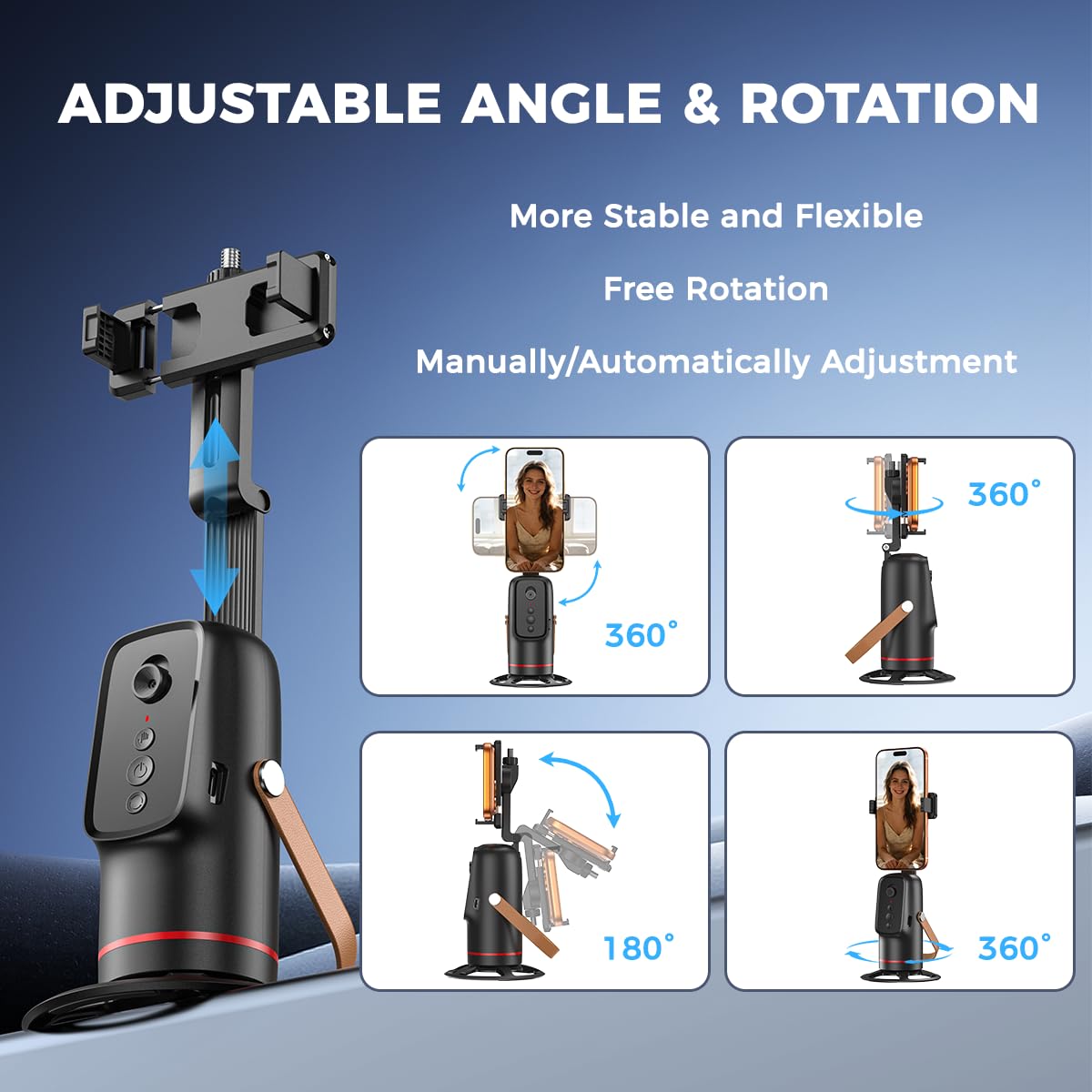 Adjustable phone stand demonstrating 180-degree tilt and 360-degree rotation