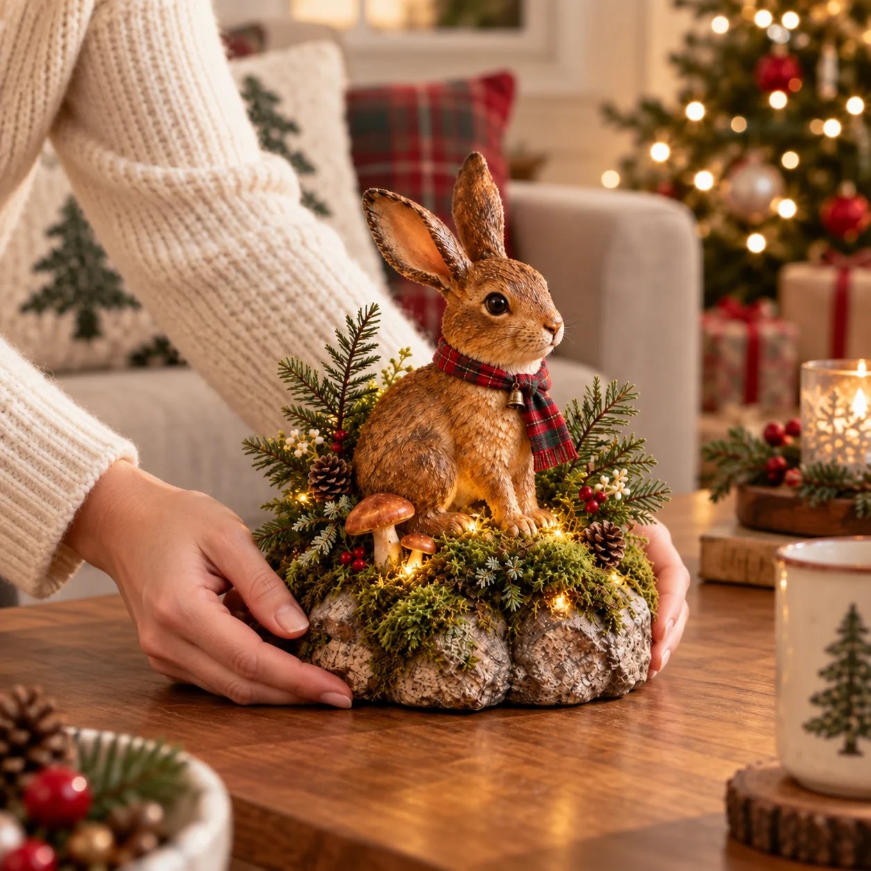 Person placing the woodland rabbit figurine on a table