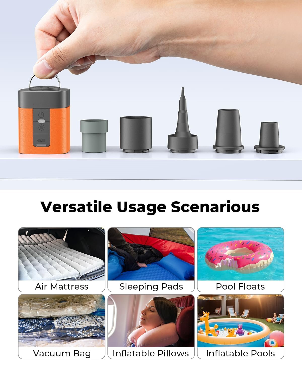 5 interchangeable nozzle adapters and versatile usage scenarios including air mattress, pool floats, and vacuum bags