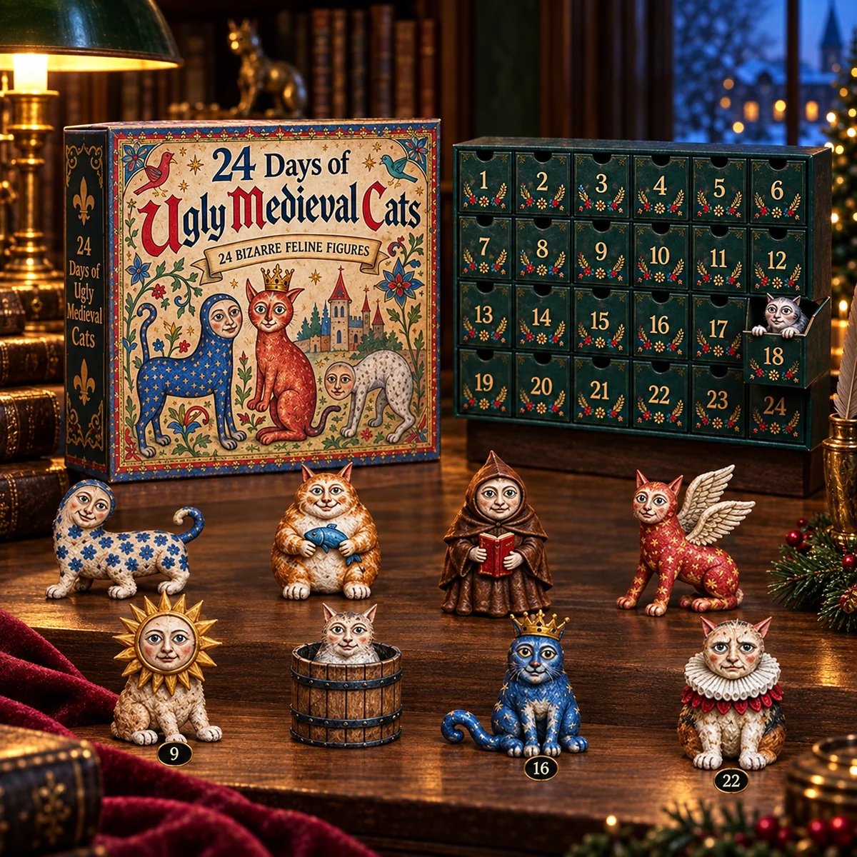 Medieval cat figurine collection and countdown box in a warm library setting