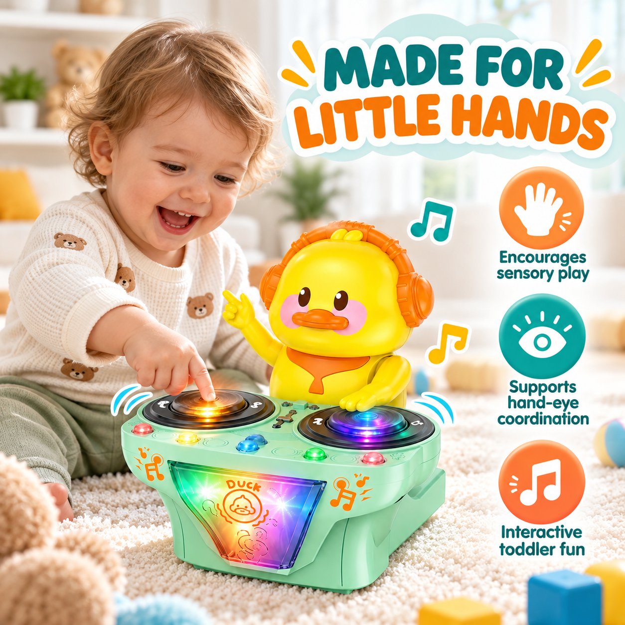 Young child reaching toward a glowing DJ duck turntable during hands-on sensory play