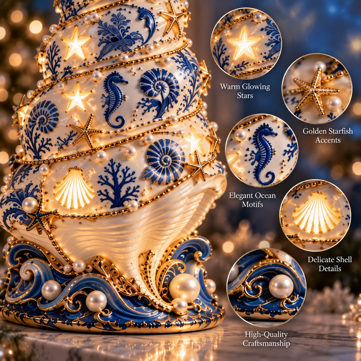 Close-up details of illuminated stars, starfish, seahorse, shells and wave base