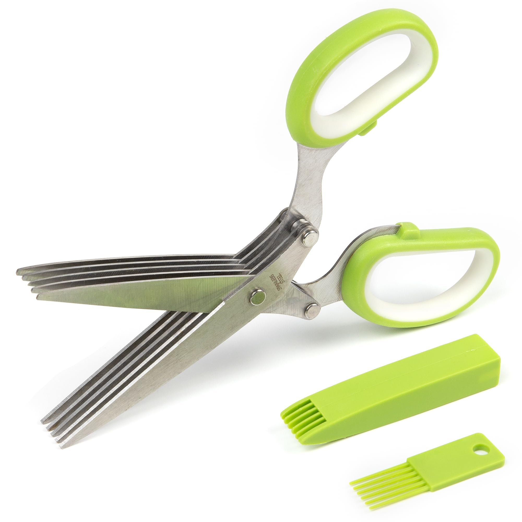 Five-blade stainless steel herb scissors with comfort-grip handles, cleaning comb and protective cover