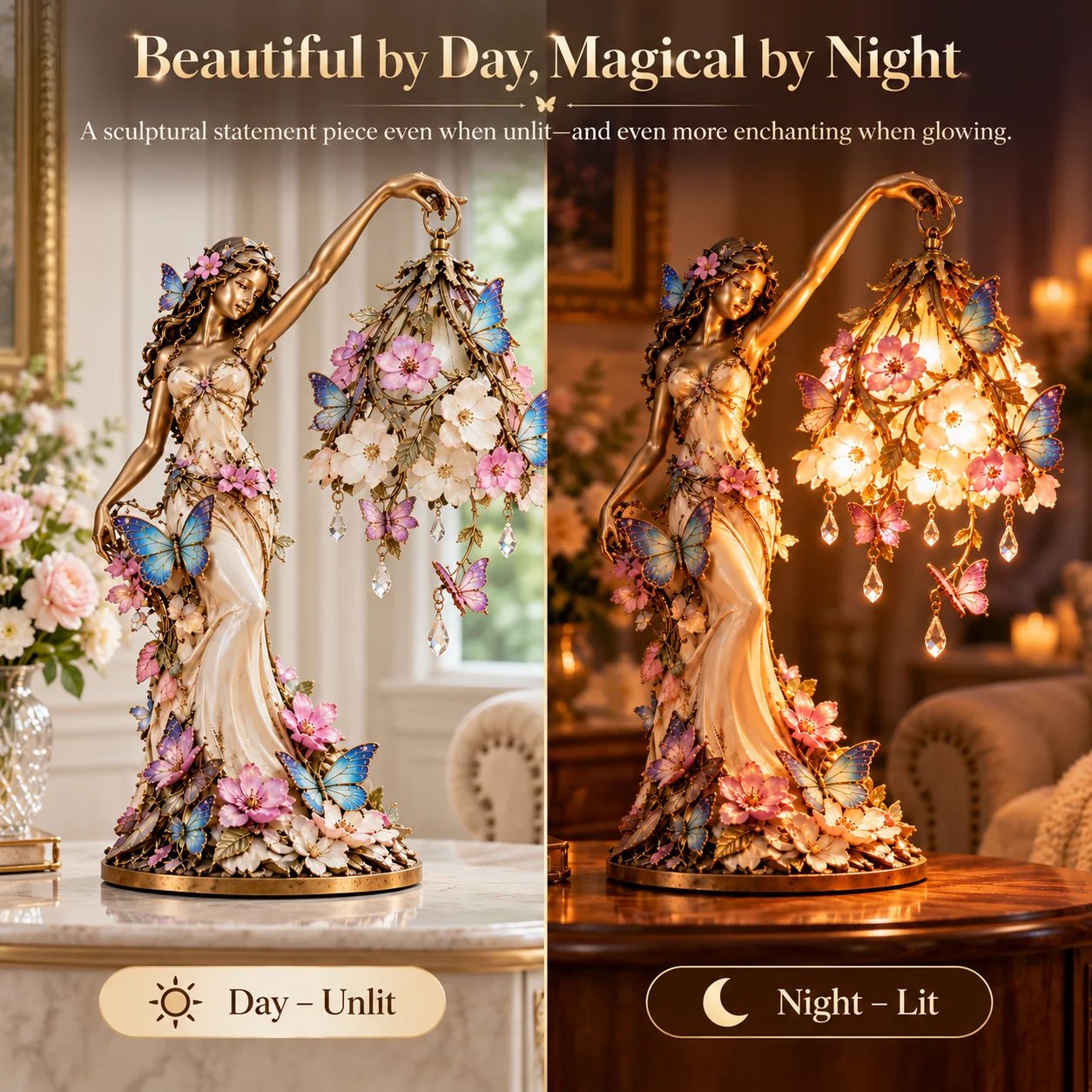 Butterfly Lady lamp day and night comparison