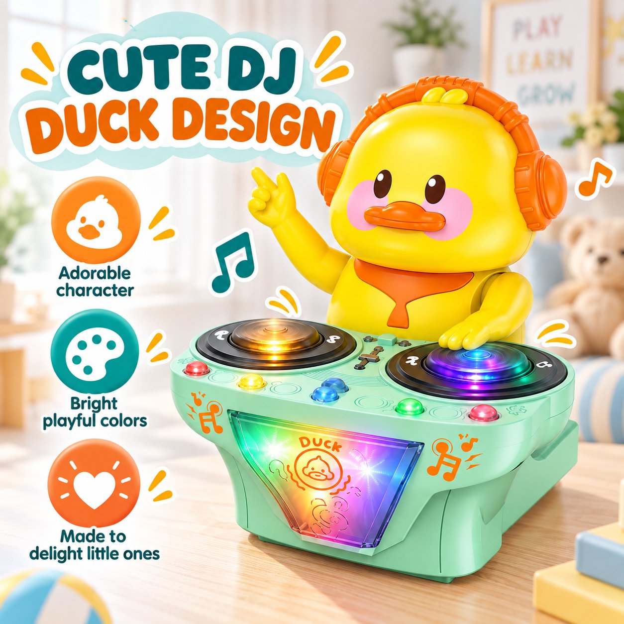 Cute yellow DJ duck design with rosy cheeks, orange headphones and a mint-green music console