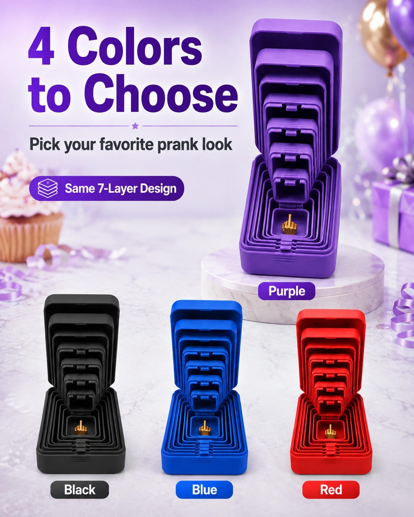 Purple, black, blue and red color options for the same seven-layer nesting prank box