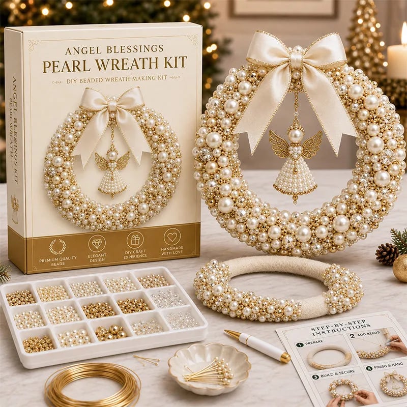 Angel Blessings pearl wreath with ivory pearls and gold accents