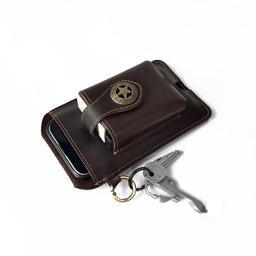 Vintage Cowhide Belt Waist Bag for Men - Multifunctional Phone & Card Holder with Keychain Genuine leather Belt Bag hiking waist bag Leather phone case with belt loops cell phone holster Keychain Holder bag  for Outdoor Hiking Travel bag hip