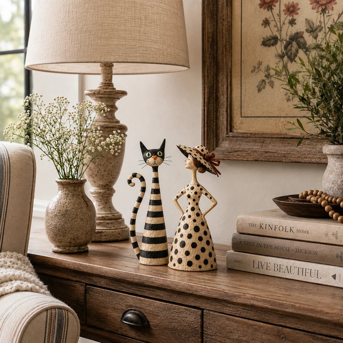 Vintage Cat and Lady Sculptures