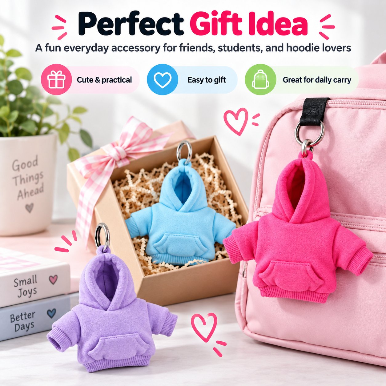 Blue and purple mini hoodie charms in a gift display beside a pink hoodie charm on a backpack