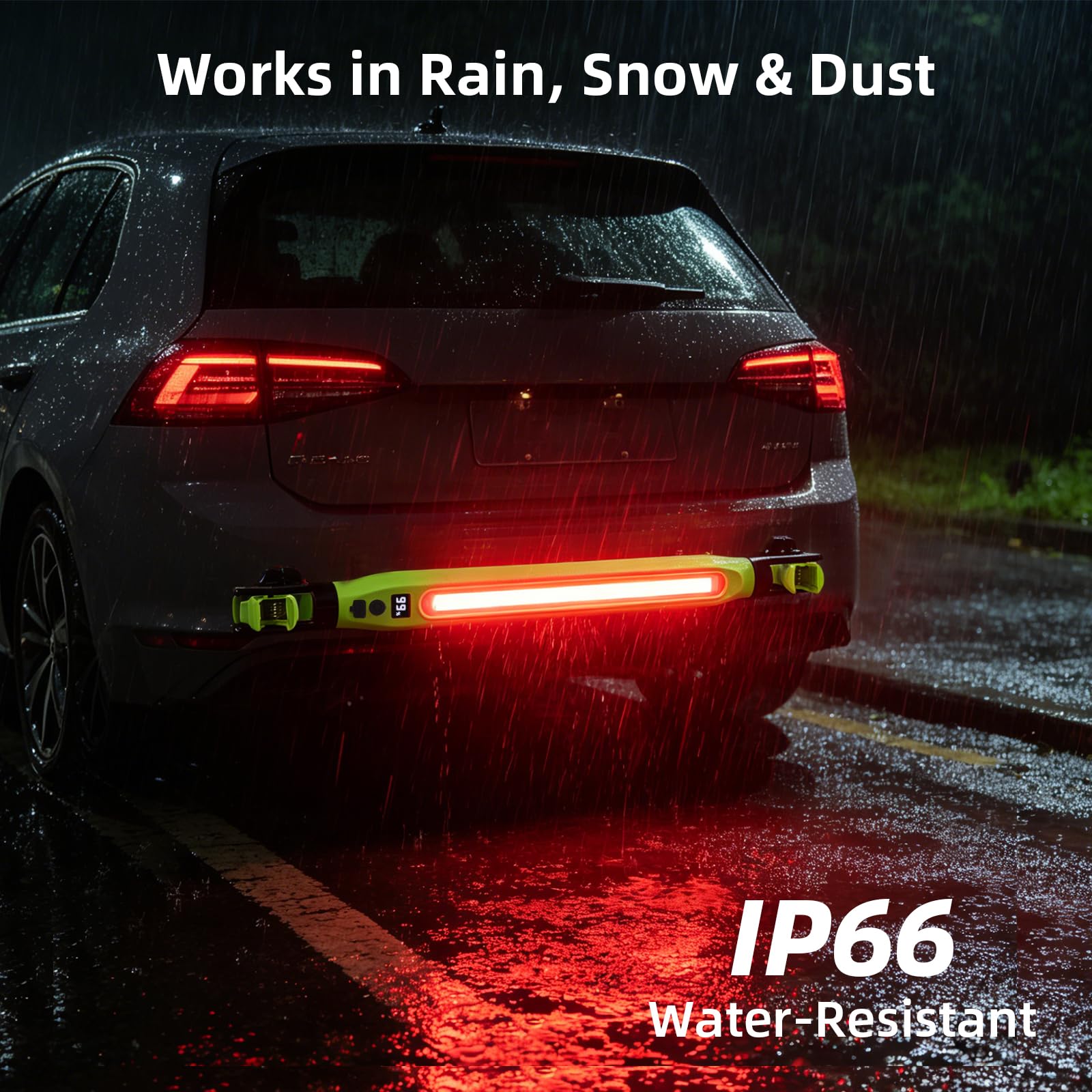 IP66 water-resistant red warning work light operating behind a vehicle in heavy rain