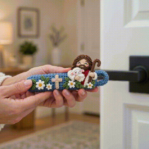 Animated demonstration of a faith-inspired crochet cover being used on a door handle.