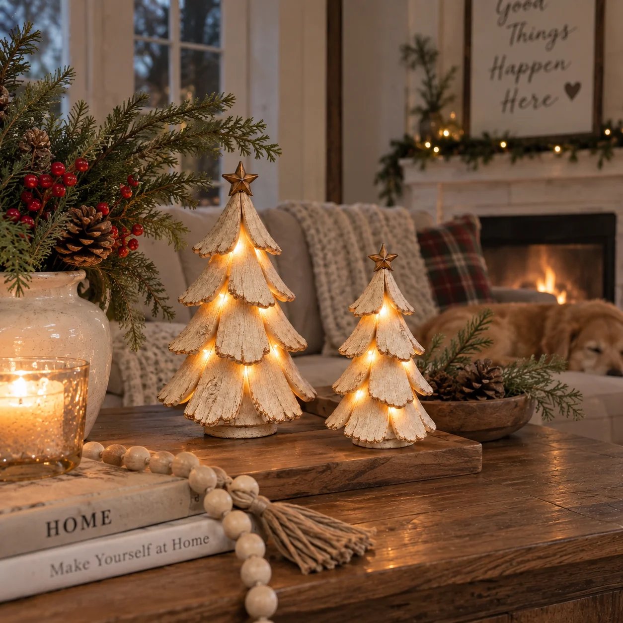 Stor och liten upplyst julgran tillsammans i ett mysigt hem