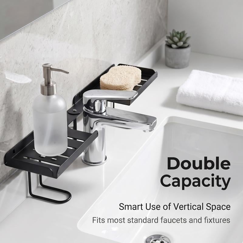 Double capacity over faucet bathroom shelf organizer around sink fixture