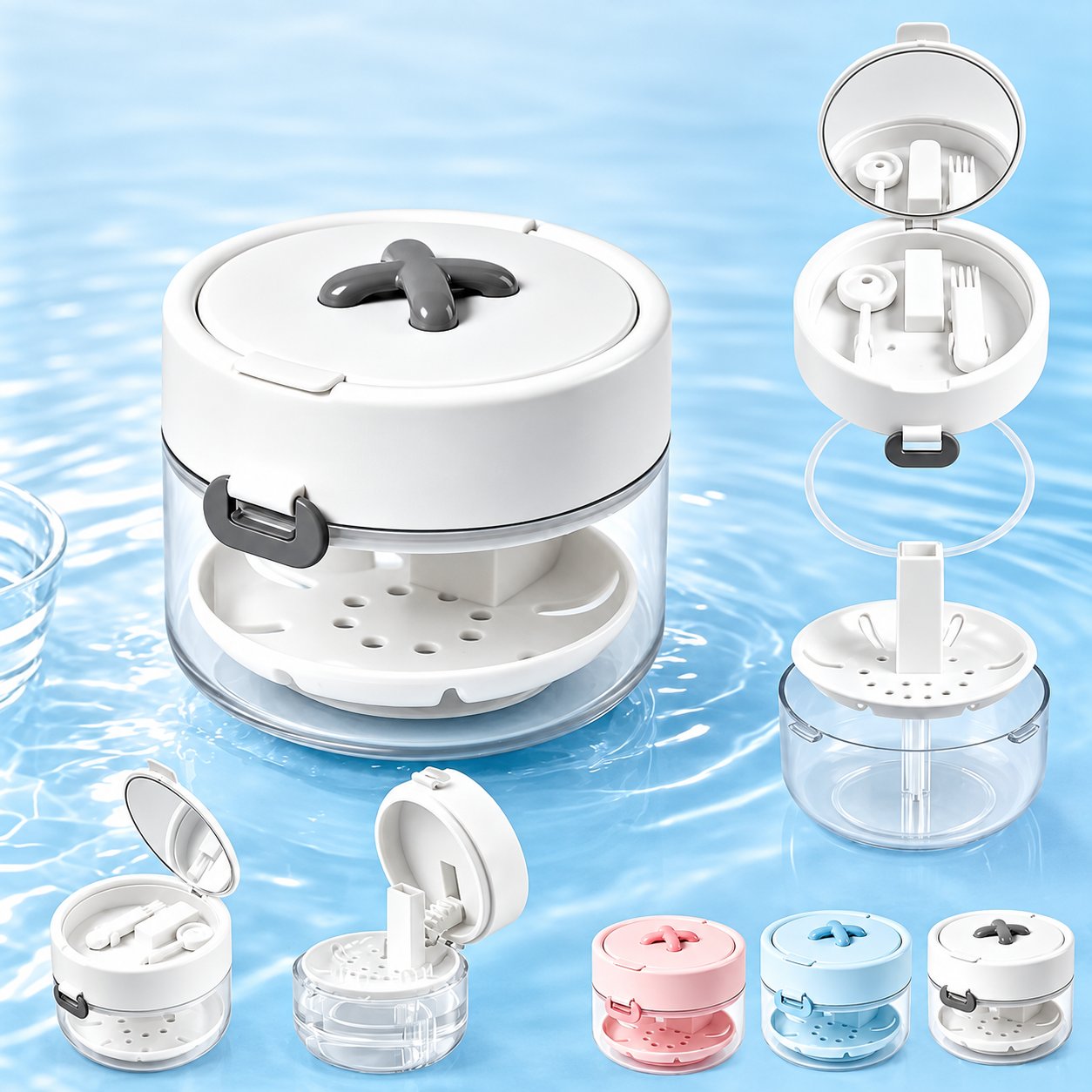 Compact 3-in-1 retainer cleaning case with mirror, care tools and lift-out drain basket