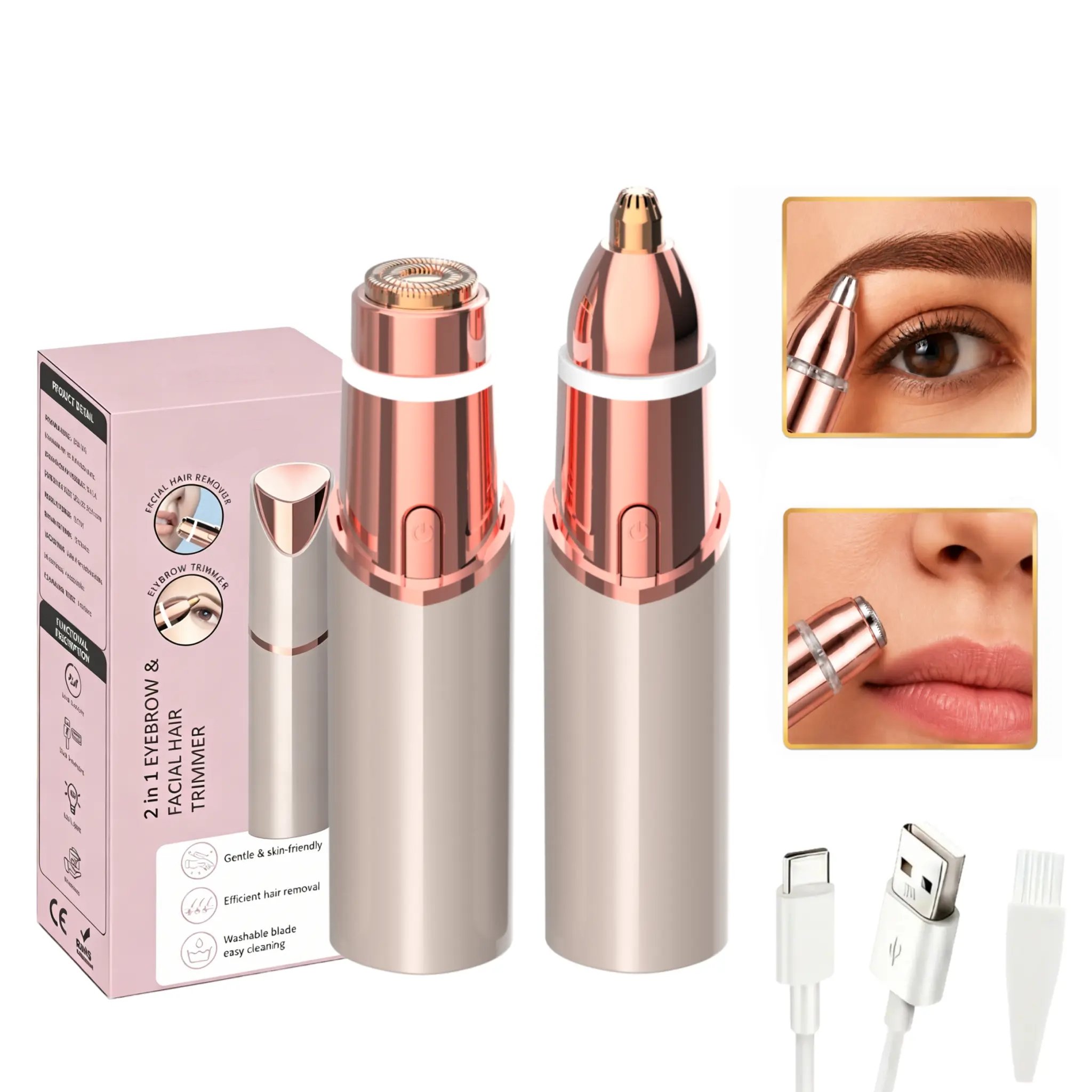 2-in-1 rechargeable eyebrow and facial hair trimmer set with dual heads, charging cable and cleaning brush