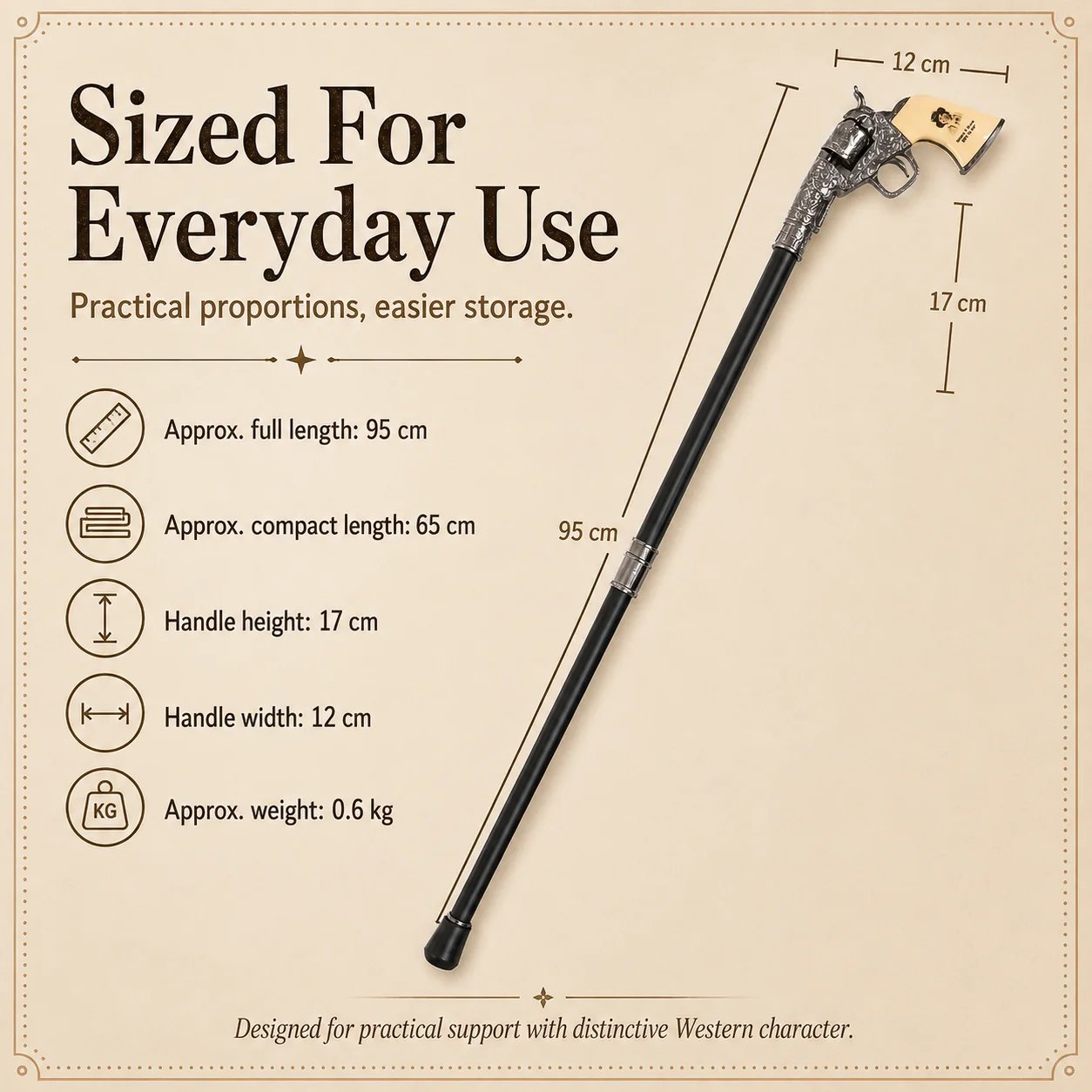 Adjustable Western revolver-inspired walking cane
