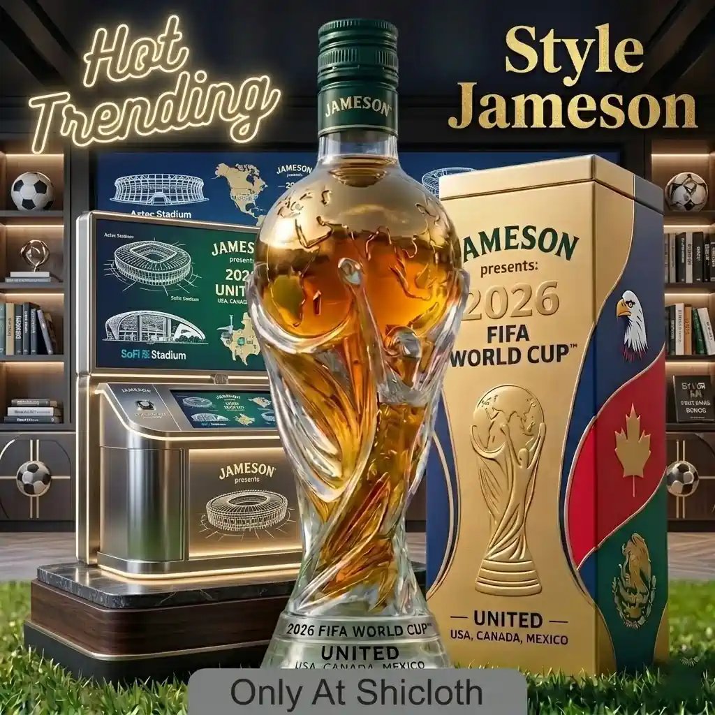 Jameson style World Cup 2026 whisky bottle with stadium background at Shicloth!