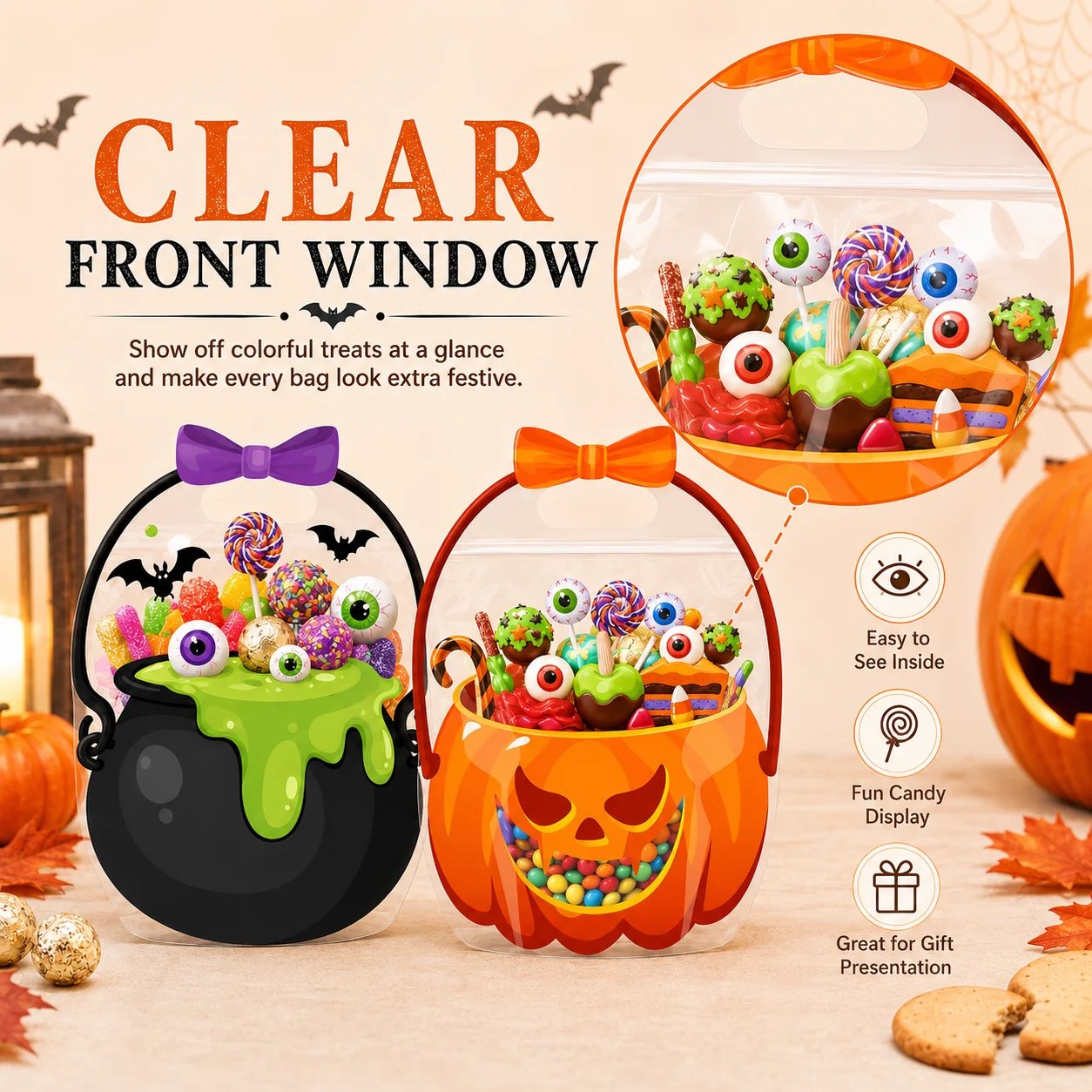 Halloween treat bag transparent front window
