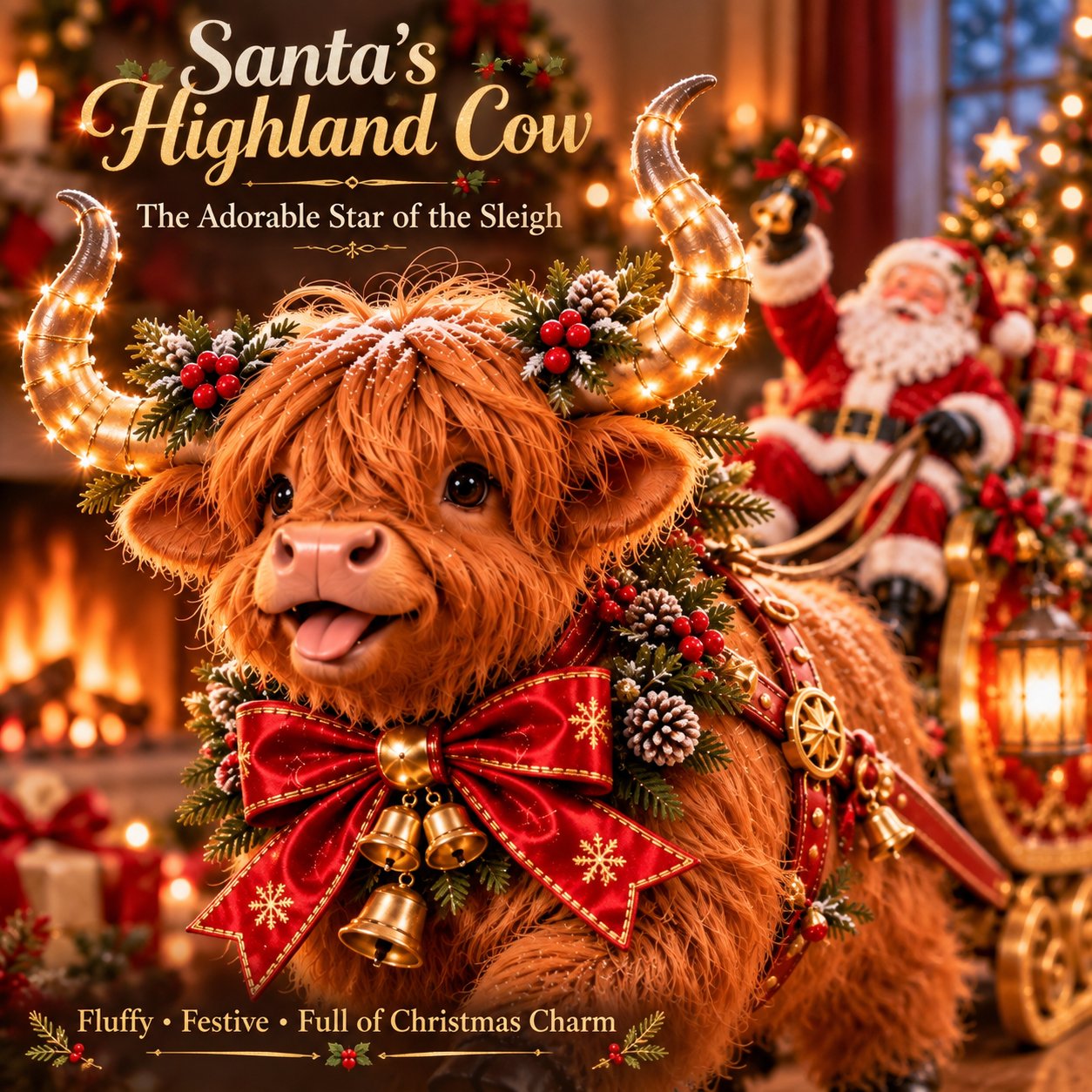 Shaggy Highland cow Christmas sleigh detail