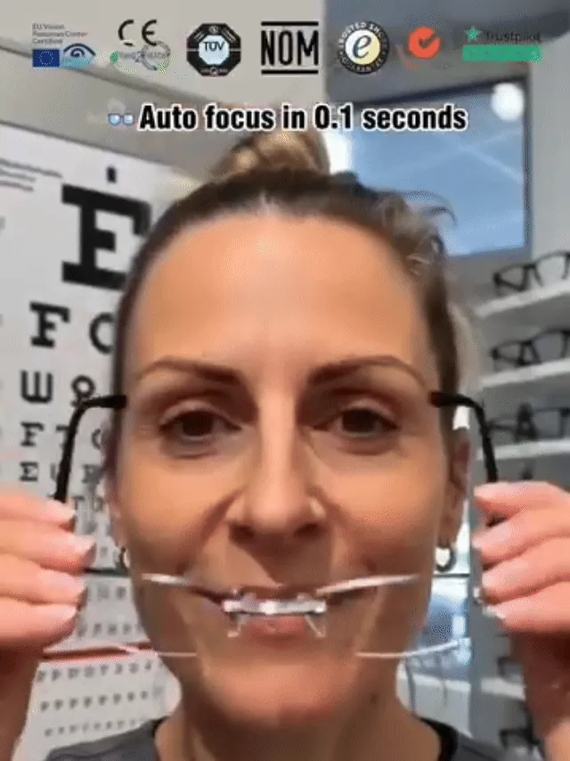 Supplied demonstration of a person holding and putting on rimless glasses