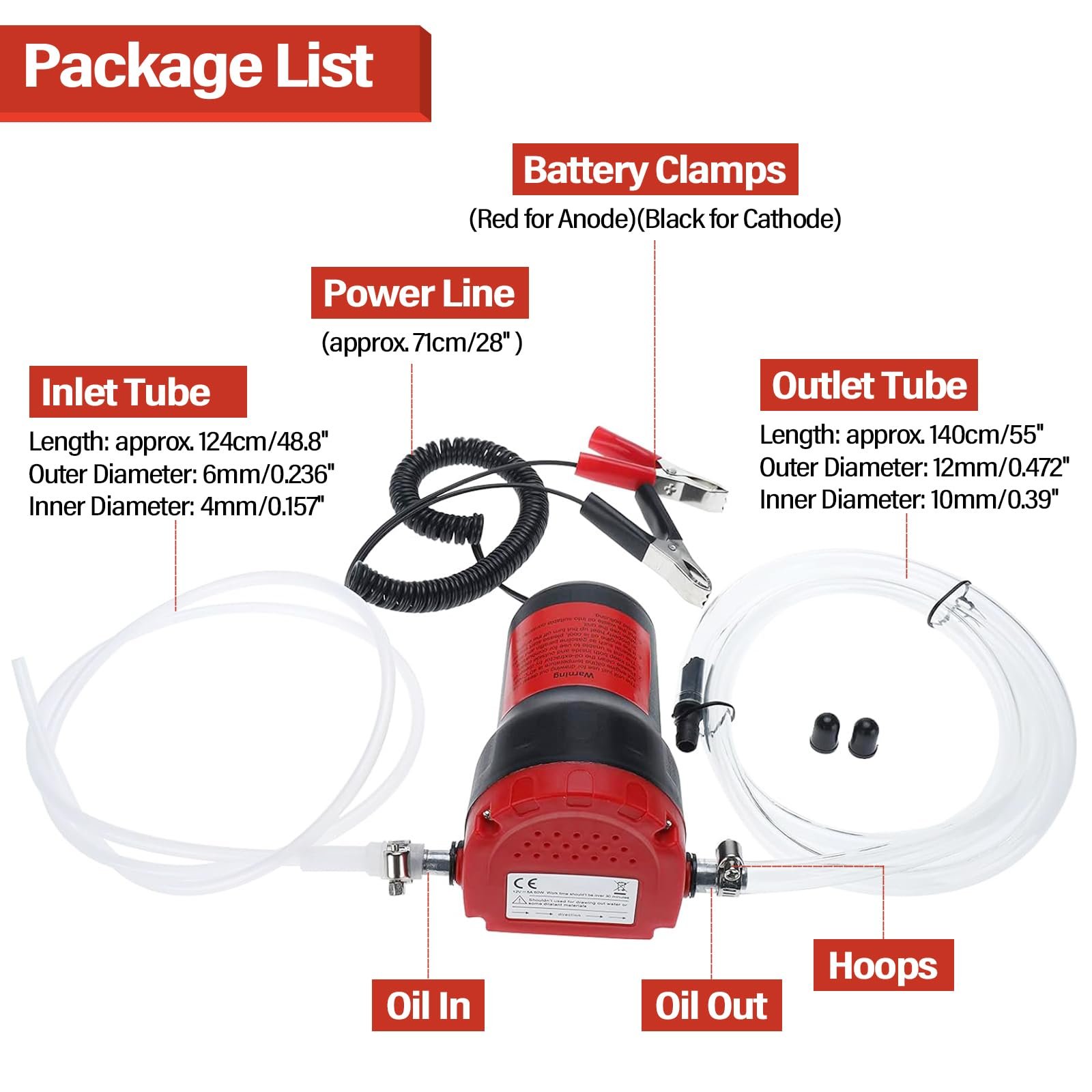 Package list of the oil pump kit with inlet tube, outlet tube, battery clamps and hose hoops