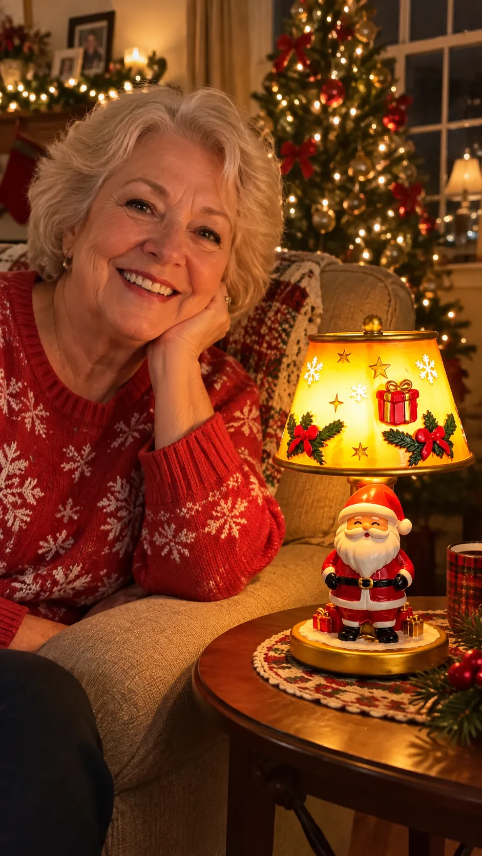 Cozy holiday armchair side table with the glowing Santa Claus lamp and festive mug