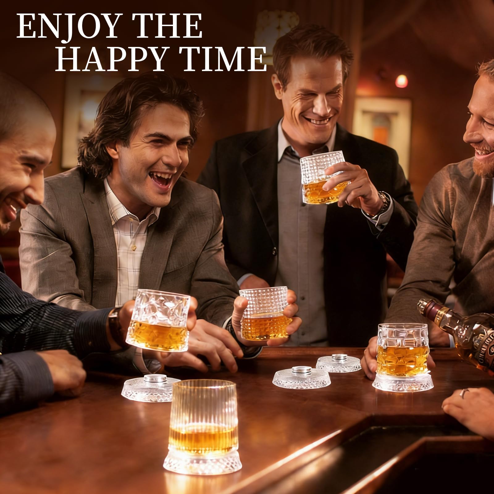Friends Enjoying Happy Time with Spinning Whiskey Glasses at a Bar