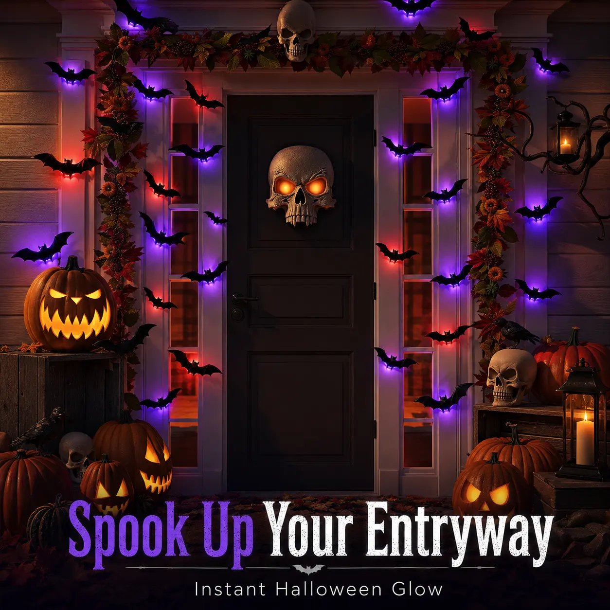 Glowing Halloween bat decorations displayed across an indoor wall