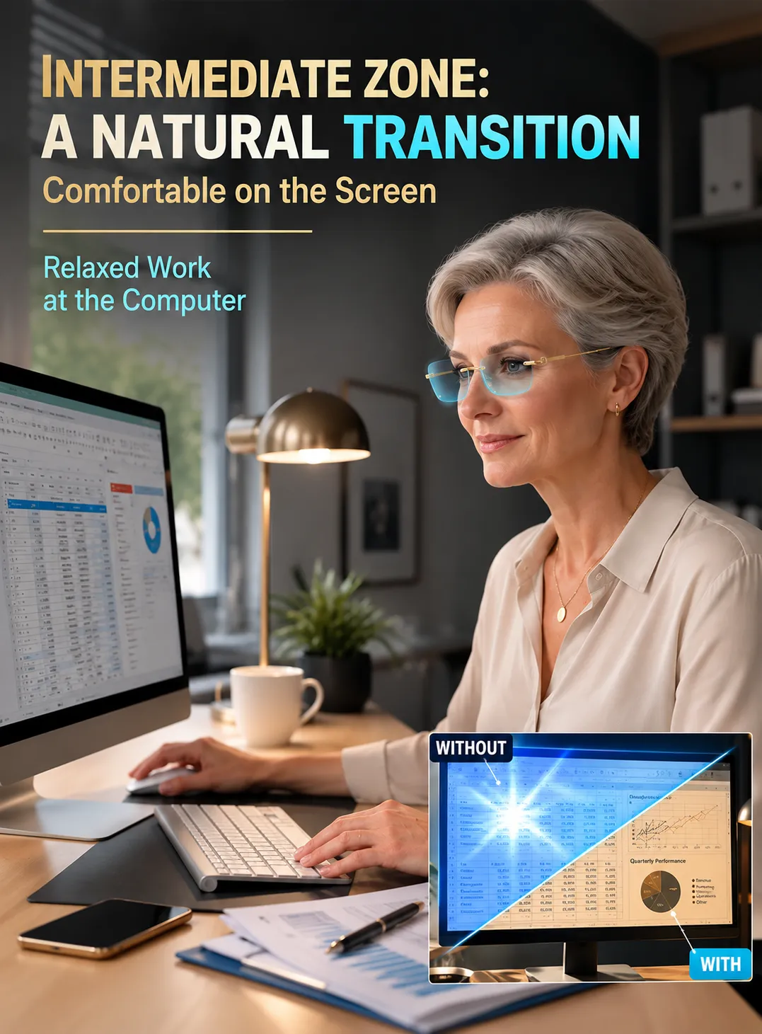 Supplied product scene showing the glasses worn at a desktop computer
