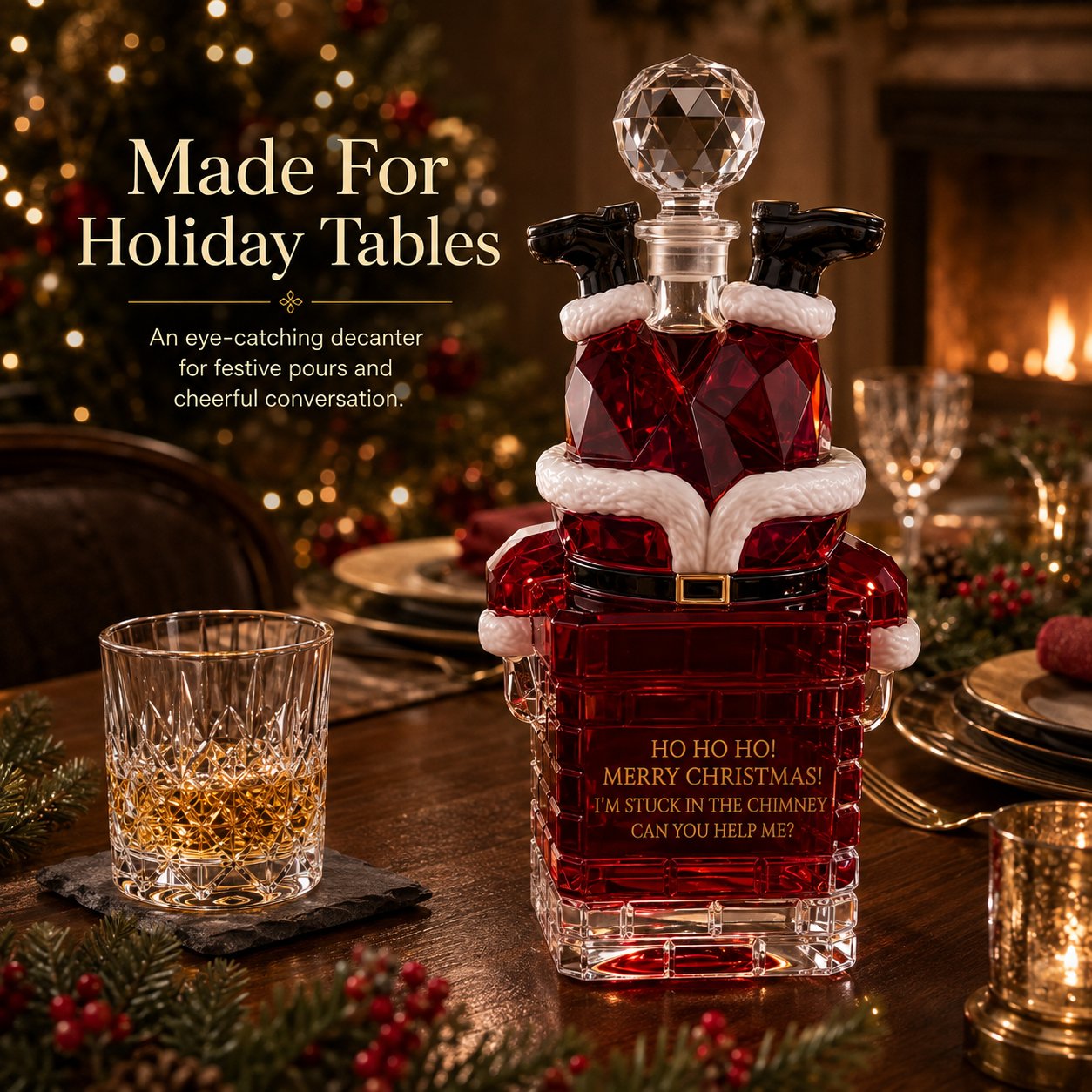 Three-step guide showing how to open fill and pour from the Christmas decanter