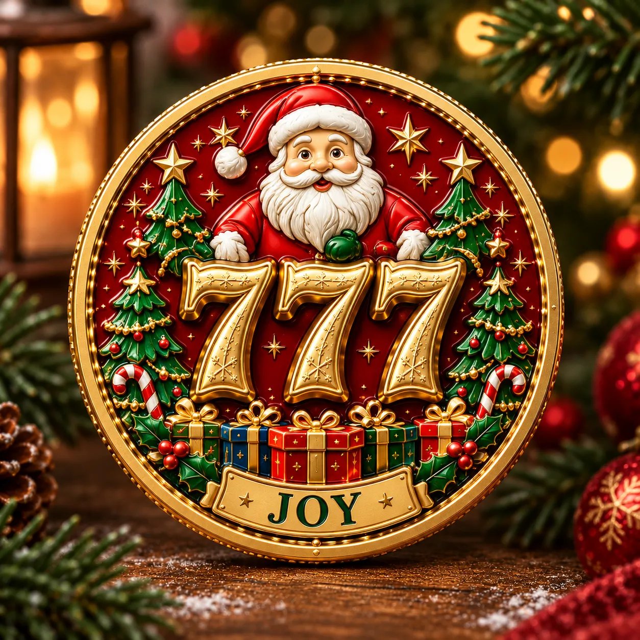 Joy coin featuring Santa Christmas trees and presents