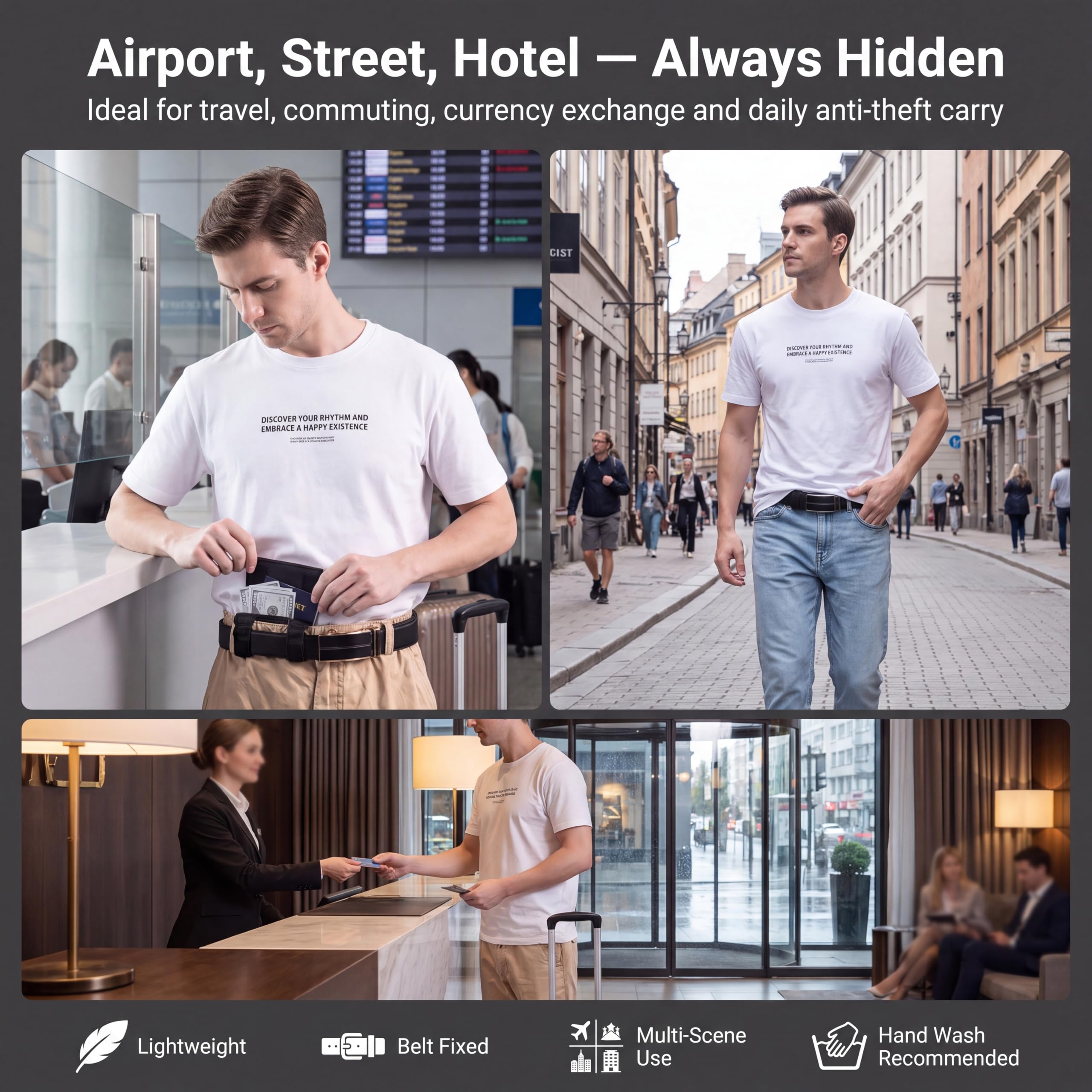 Slim hidden travel wallet used at an airport counter, on a city walk and during hotel check-in