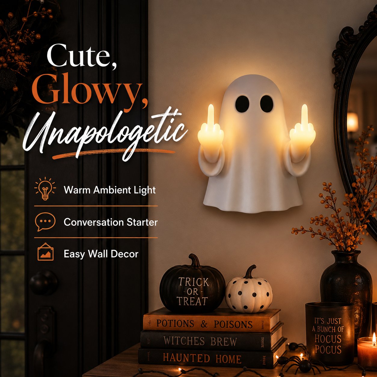Funny ghost used as Halloween desk and shelf decor