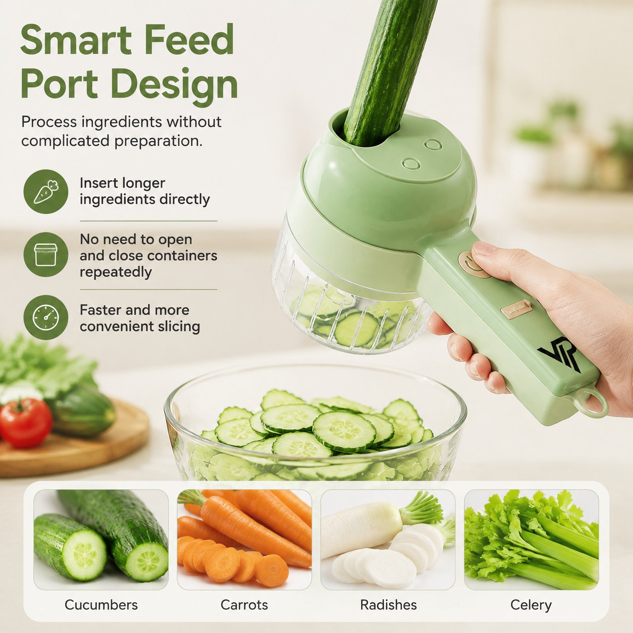 Feed port electric vegetable cutter design