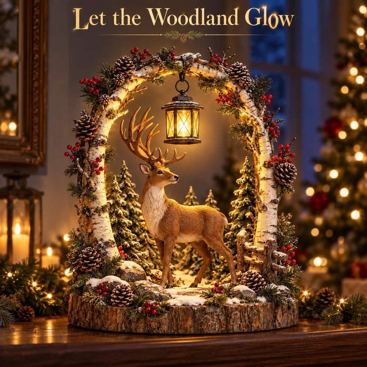 Woodland reindeer lantern decoration illuminated at night