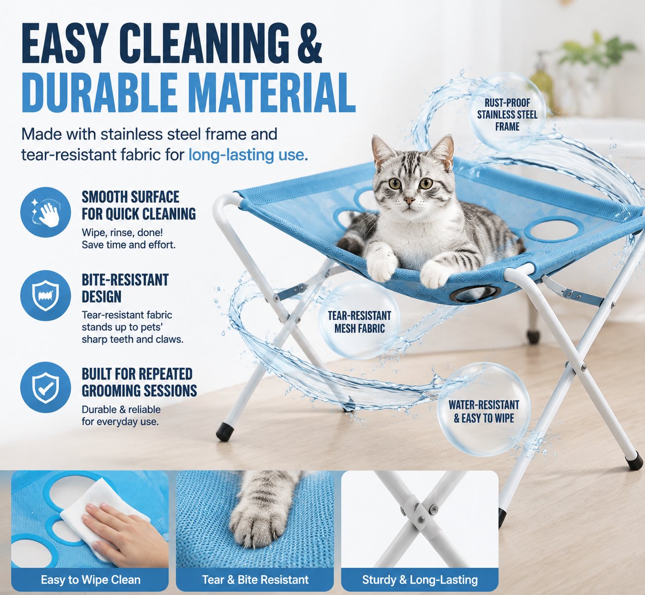 Pet grooming hammock table with easy-clean material and durable support