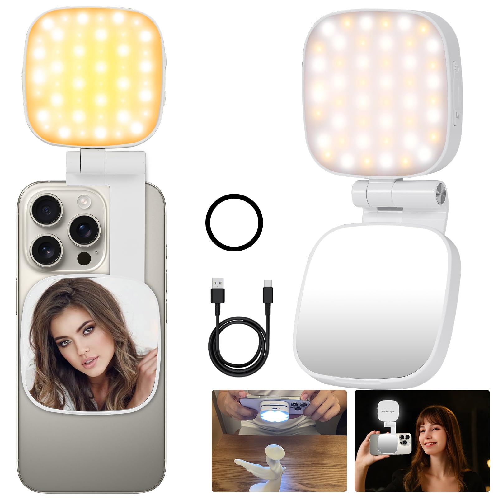 Foldable magnetic selfie fill light with mirror, metal ring and charging cable
