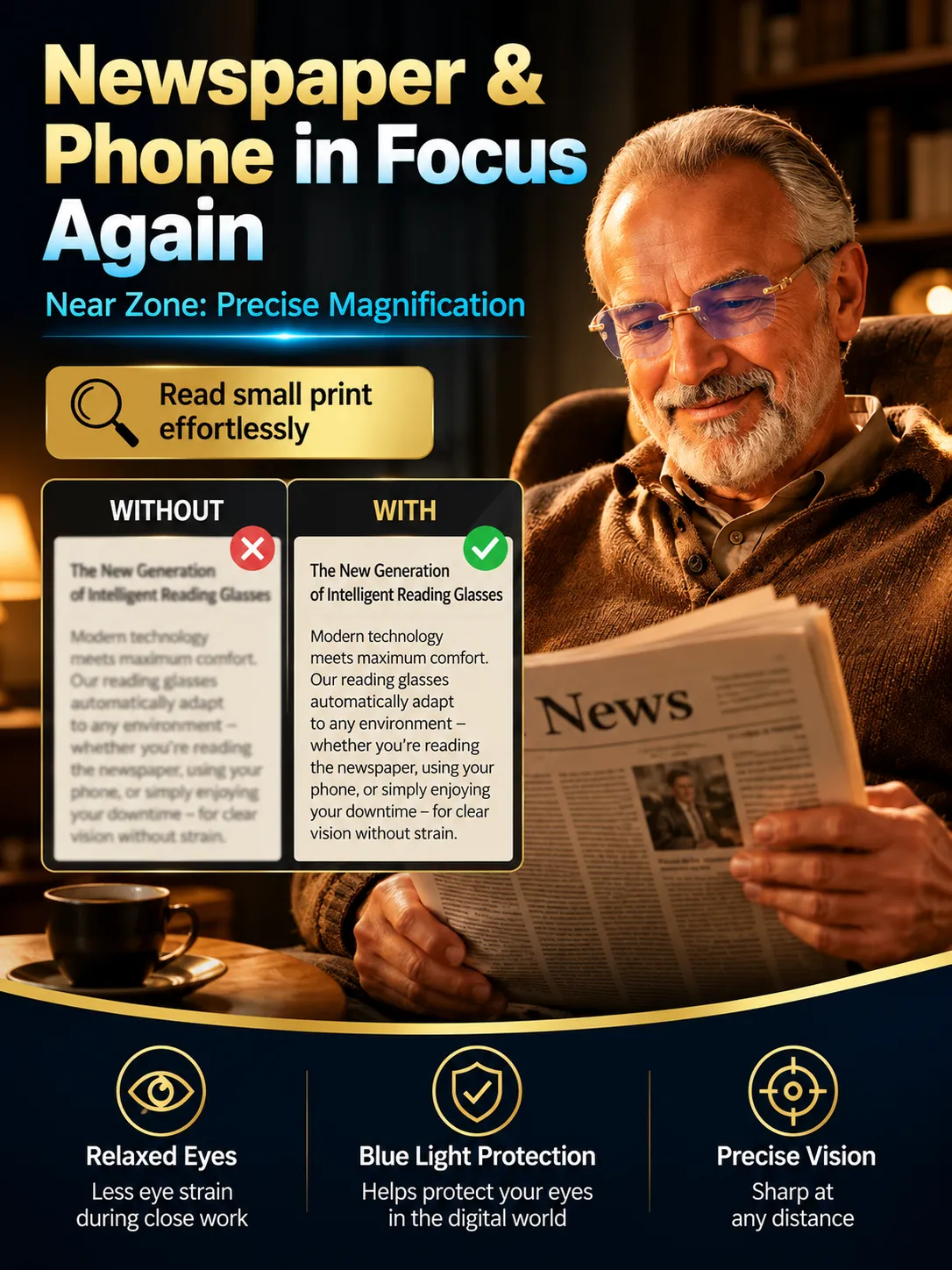 Supplied product scene showing newspaper and phone reading